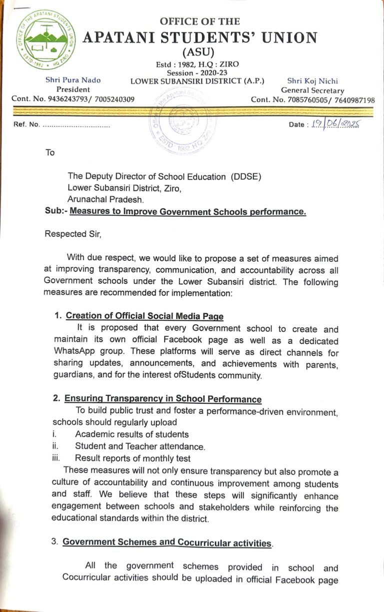 Proposal Submitted to DDSE to Boost Performance and Transparency in Government Schools of Lower Subansiri
