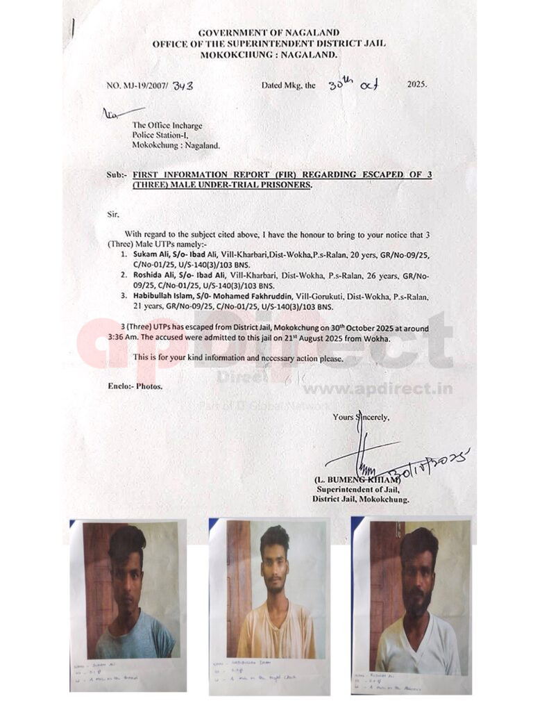 3 prisoners escaped from Mokokchung District Jail